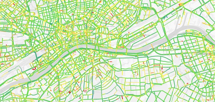 Karte einer Stadt mit Ausweisung der Geschwindigkeiten