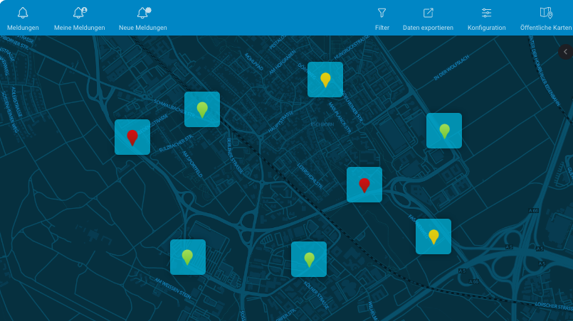 Screenshot of RADar! tool with a map of a city and several pins in different colours
